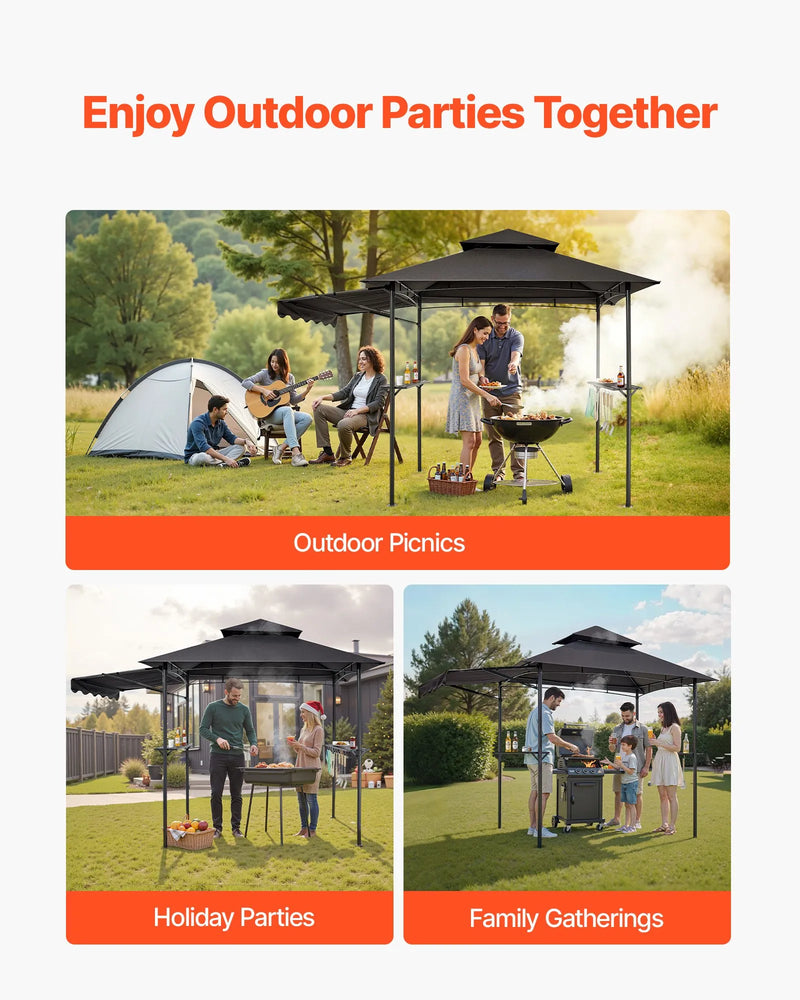 Grila nojume, 2,43 × 1,5 m ar divkāršu jumtu, BBQ nojume ar papildu markīzi, pulverkrāsota tērauda patia grila patversme ar 2 sānu plauktiem, pudeļu attaisāmo un āķiem, āra grilēšanas nojume dārzam