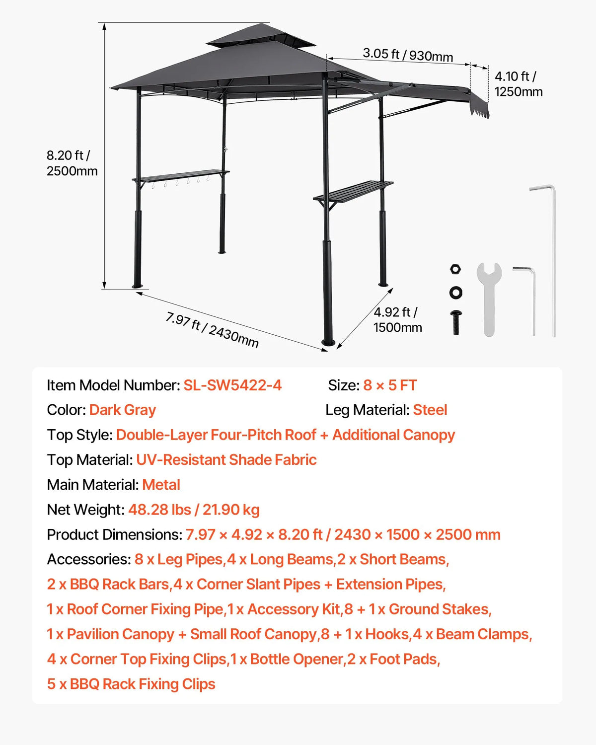 BBQ Gazebo, 2.43 × 1.5 m with Double Roof, Grill Canopy with Extra Awning, Powder-Coated Steel Patio Grill Shelter with 2 Side Shelves, Bottle Opener and Hooks, Outdoor Grilling Canopy for Garden