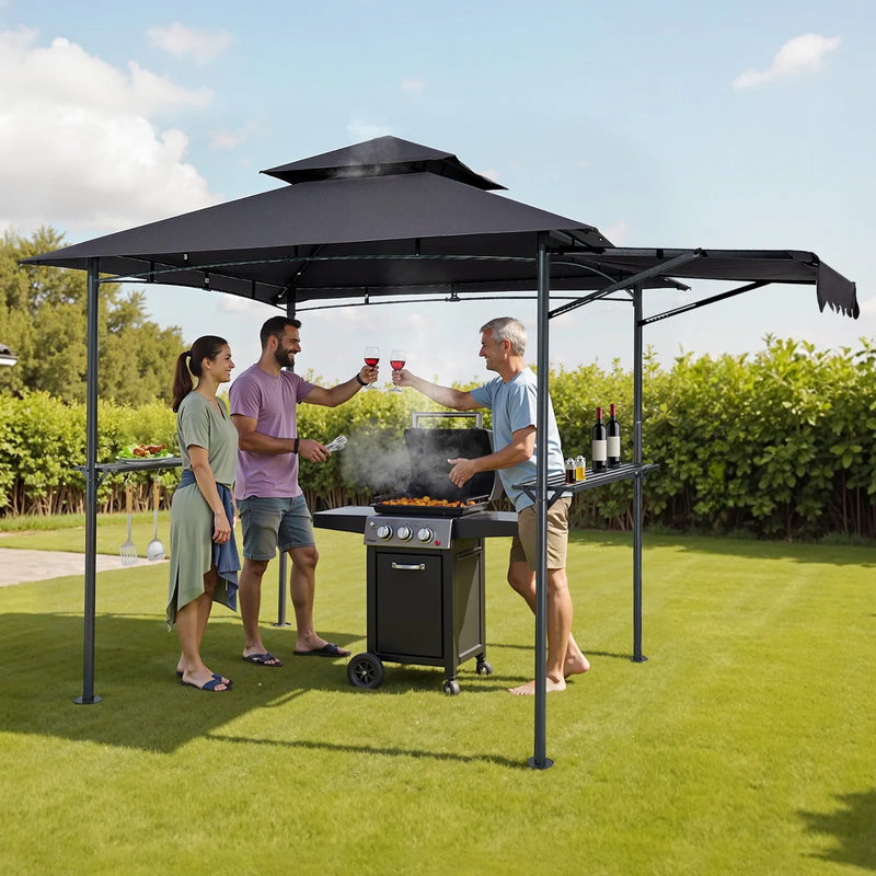 Grila nojume, 2,43 × 1,5 m ar divkāršu jumtu, BBQ nojume ar papildu markīzi, pulverkrāsota tērauda patia grila patversme ar 2 sānu plauktiem, pudeļu attaisāmo un āķiem, āra grilēšanas nojume dārzam