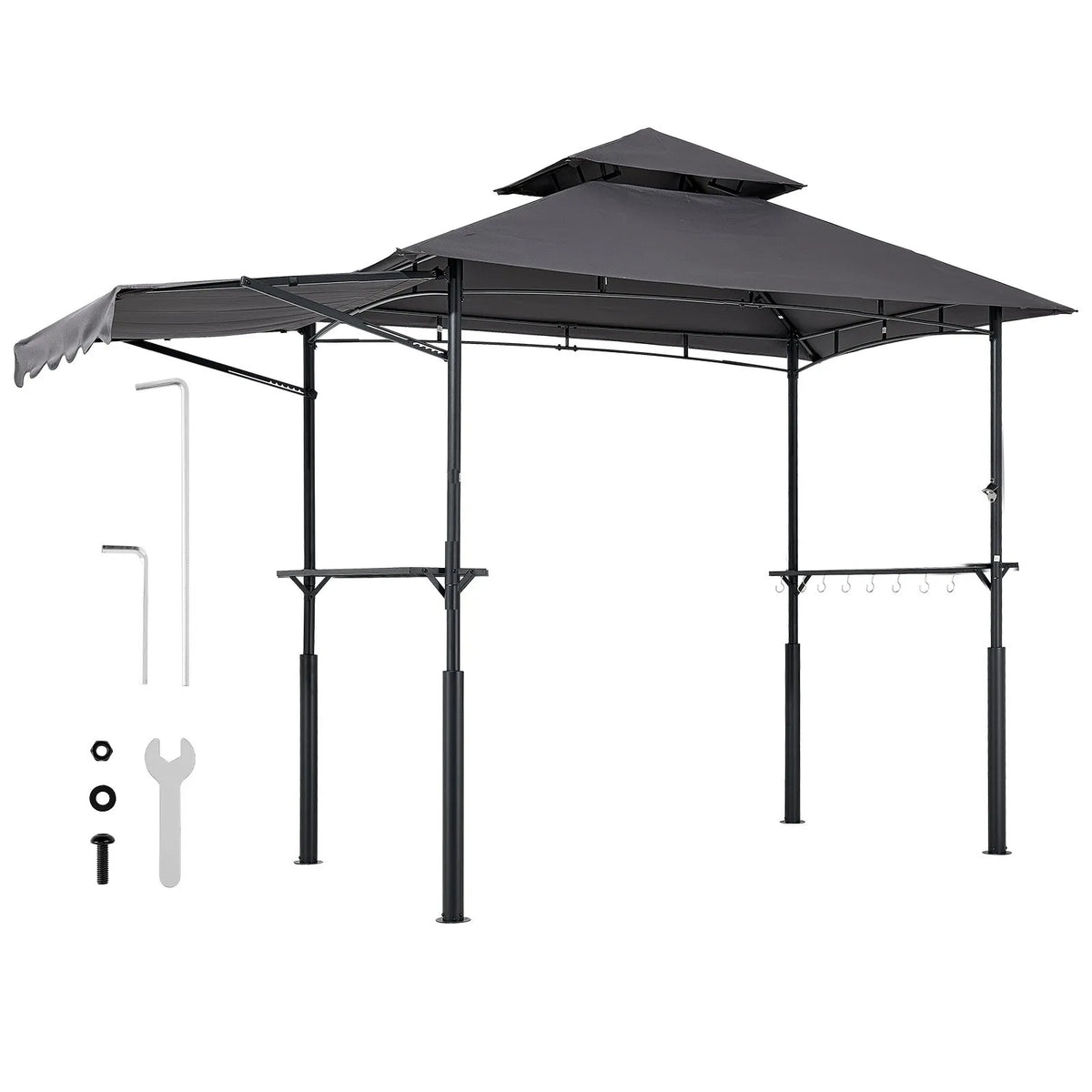 BBQ Gazebo, 2.43 × 1.5 m with Double Roof, Grill Canopy with Extra Awning, Powder-Coated Steel Patio Grill Shelter with 2 Side Shelves, Bottle Opener and Hooks, Outdoor Grilling Canopy for Garden