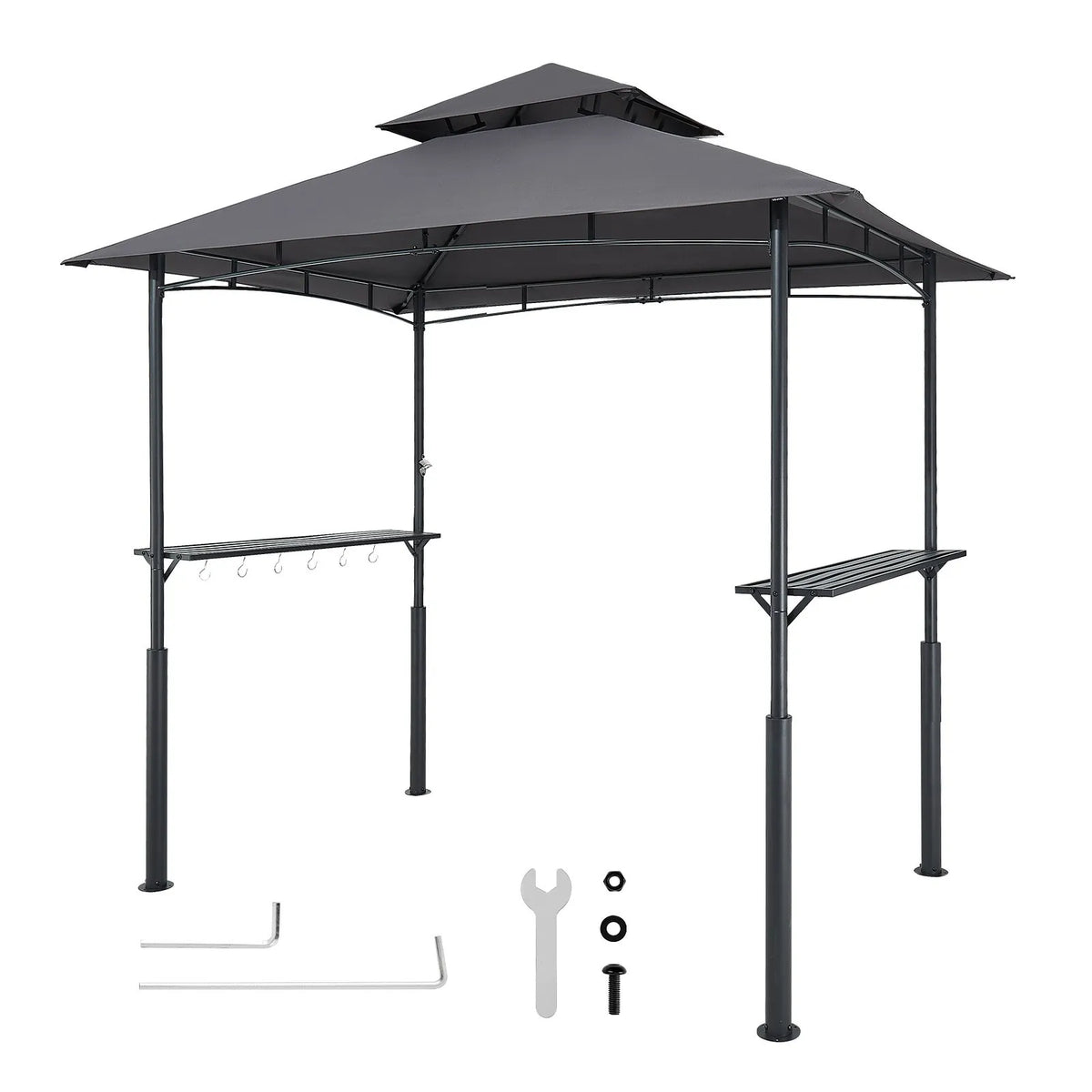 Grila nojume, 2,43 × 1,5 m pastiprināta āra BBQ nojume ar divslāņu jumtu, pulverkrāsota tērauda konstrukcija ar 2 sānu plauktiem un 8 āķiem, grila nojume terasei, pagalmam vai dārzam