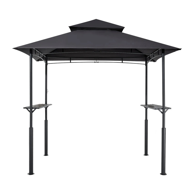 Grila nojume, 2,43 × 1,5 m pastiprināta āra BBQ nojume ar divslāņu jumtu, pulverkrāsota tērauda konstrukcija ar 2 sānu plauktiem un 8 āķiem, grila nojume terasei, pagalmam vai dārzam