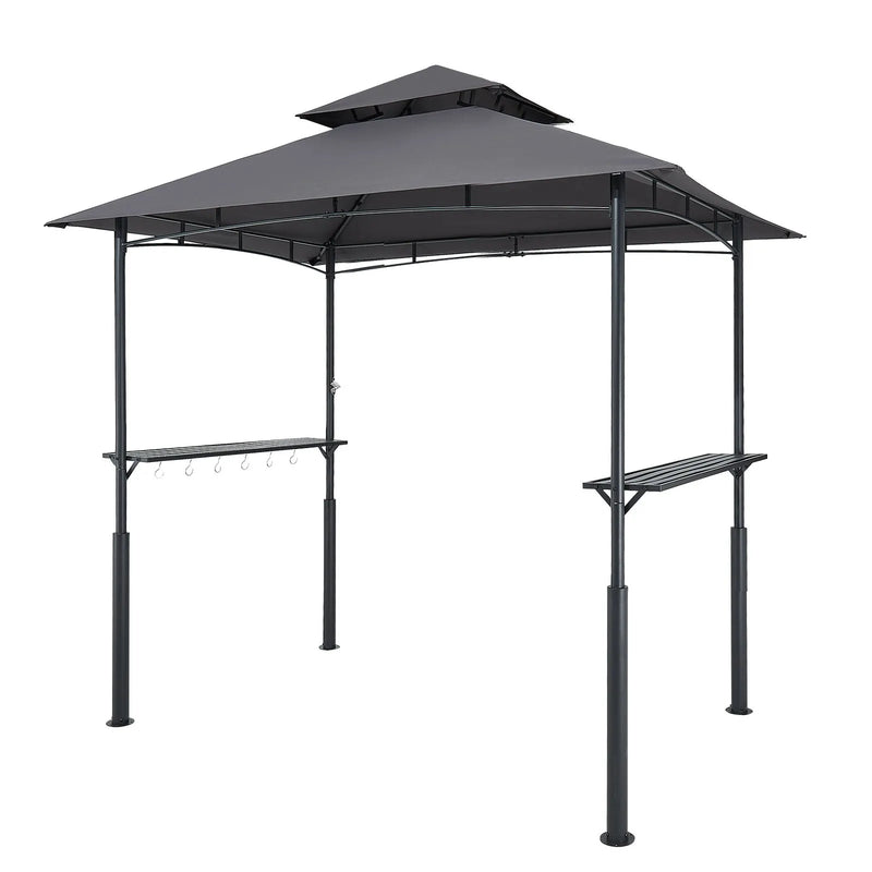 Grila nojume, 2,43 × 1,5 m pastiprināta āra BBQ nojume ar divslāņu jumtu, pulverkrāsota tērauda konstrukcija ar 2 sānu plauktiem un 8 āķiem, grila nojume terasei, pagalmam vai dārzam