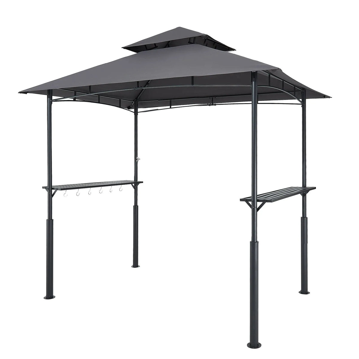 Grila nojume, 2,43 × 1,5 m pastiprināta āra BBQ nojume ar divslāņu jumtu, pulverkrāsota tērauda konstrukcija ar 2 sānu plauktiem un 8 āķiem, grila nojume terasei, pagalmam vai dārzam