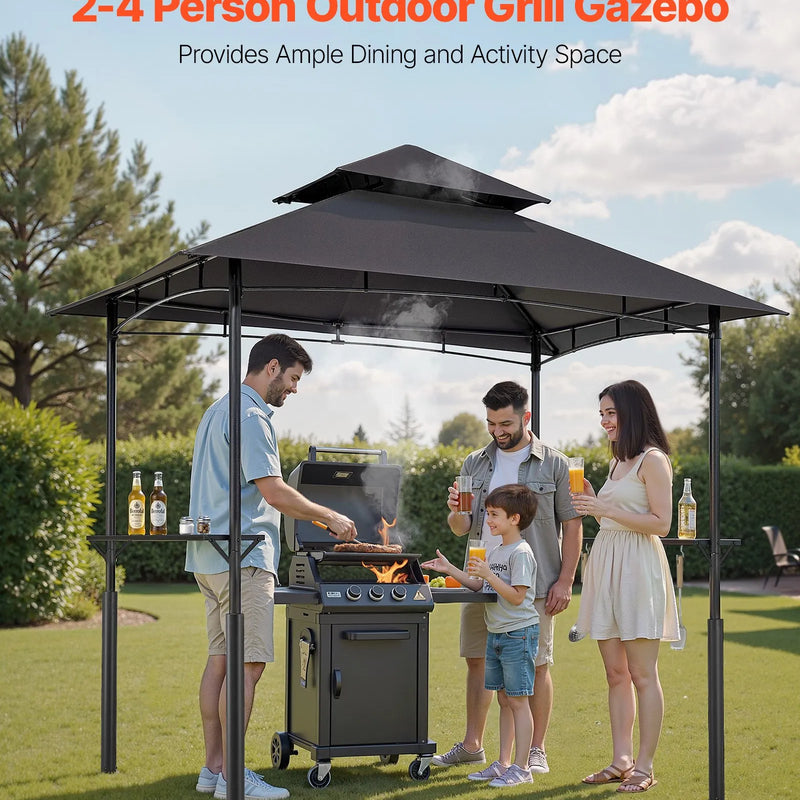 Grila nojume, 2,43 × 1,5 m pastiprināta āra BBQ nojume ar divslāņu jumtu, pulverkrāsota tērauda konstrukcija ar 2 sānu plauktiem un 8 āķiem, grila nojume terasei, pagalmam vai dārzam