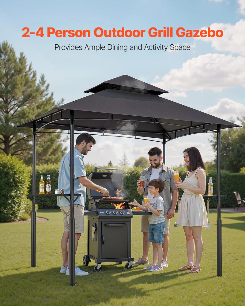 Grila nojume, 2,43 × 1,5 m pastiprināta āra BBQ nojume ar divslāņu jumtu, pulverkrāsota tērauda konstrukcija ar 2 sānu plauktiem un 8 āķiem, grila nojume terasei, pagalmam vai dārzam