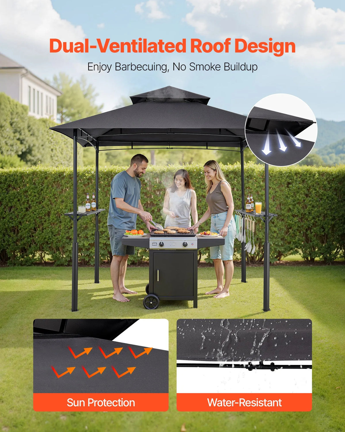 Grila nojume, 2,43 × 1,5 m pastiprināta āra BBQ nojume ar divslāņu jumtu, pulverkrāsota tērauda konstrukcija ar 2 sānu plauktiem un 8 āķiem, grila nojume terasei, pagalmam vai dārzam