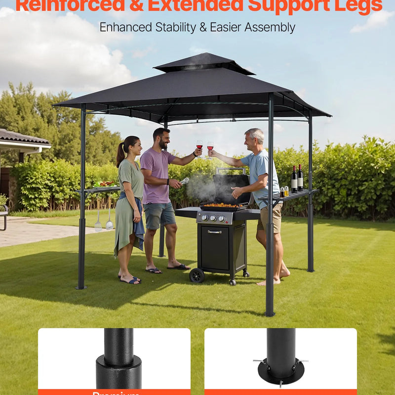 Grila nojume, 2,43 × 1,5 m pastiprināta āra BBQ nojume ar divslāņu jumtu, pulverkrāsota tērauda konstrukcija ar 2 sānu plauktiem un 8 āķiem, grila nojume terasei, pagalmam vai dārzam