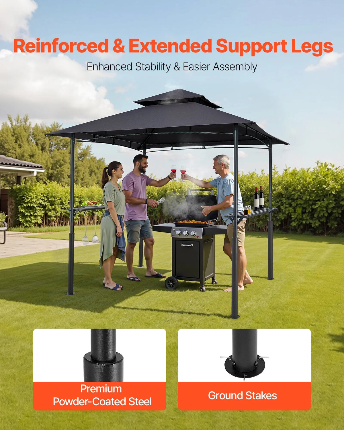 Grila nojume, 2,43 × 1,5 m pastiprināta āra BBQ nojume ar divslāņu jumtu, pulverkrāsota tērauda konstrukcija ar 2 sānu plauktiem un 8 āķiem, grila nojume terasei, pagalmam vai dārzam
