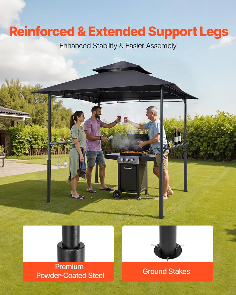 Grila nojume, 2,43 × 1,5 m pastiprināta āra BBQ nojume ar divslāņu jumtu, pulverkrāsota tērauda konstrukcija ar 2 sānu plauktiem un 8 āķiem, grila nojume terasei, pagalmam vai dārzam