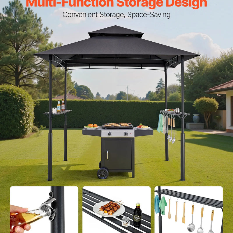 Grila nojume, 2,43 × 1,5 m pastiprināta āra BBQ nojume ar divslāņu jumtu, pulverkrāsota tērauda konstrukcija ar 2 sānu plauktiem un 8 āķiem, grila nojume terasei, pagalmam vai dārzam