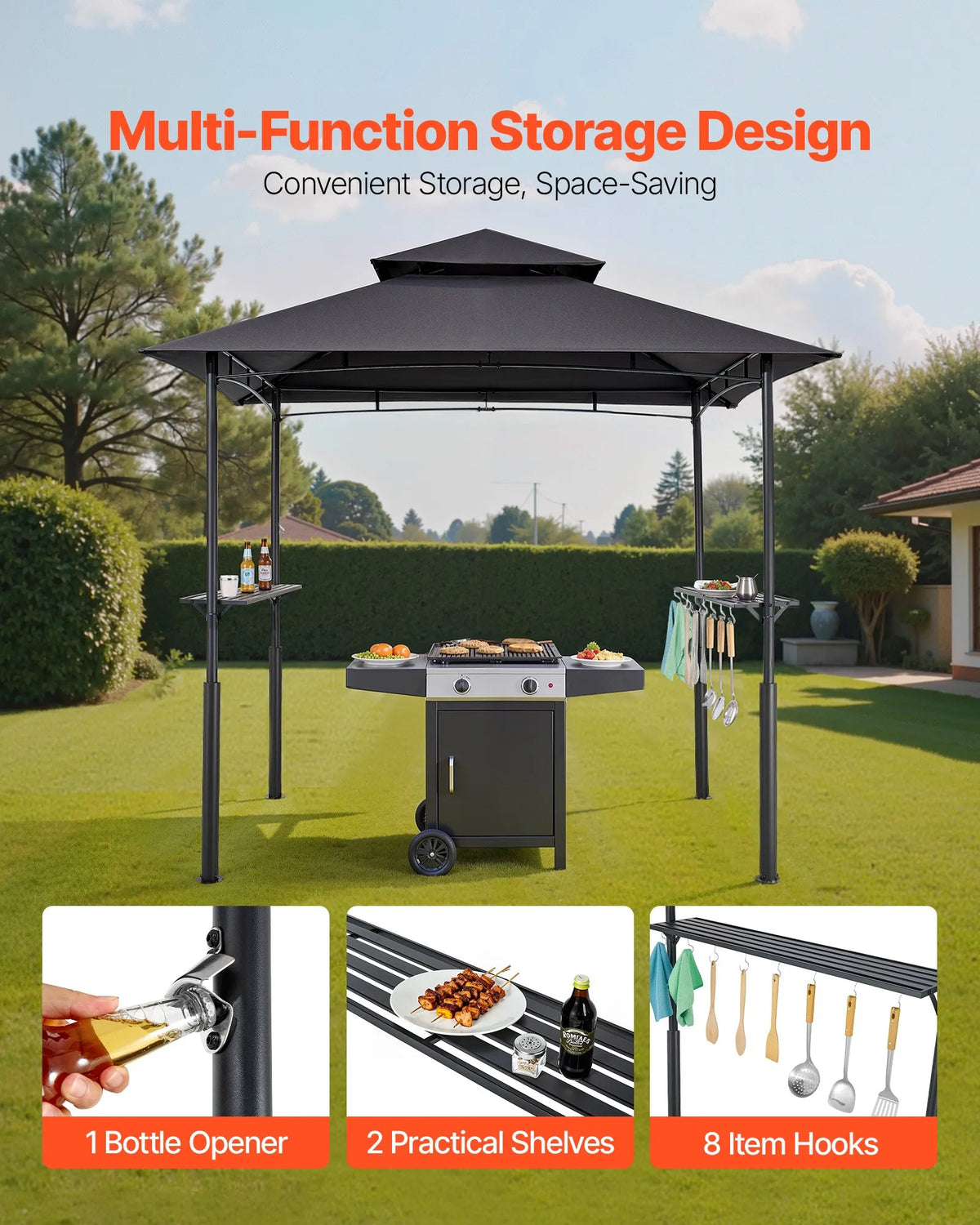 Grila nojume, 2,43 × 1,5 m pastiprināta āra BBQ nojume ar divslāņu jumtu, pulverkrāsota tērauda konstrukcija ar 2 sānu plauktiem un 8 āķiem, grila nojume terasei, pagalmam vai dārzam
