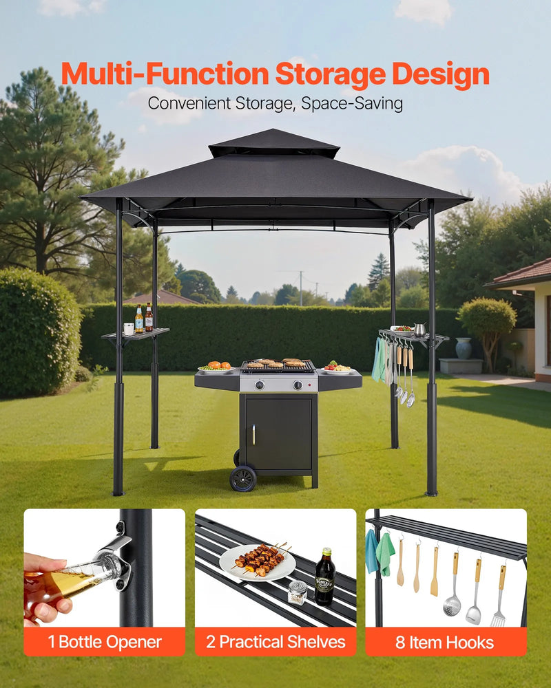 Grila nojume, 2,43 × 1,5 m pastiprināta āra BBQ nojume ar divslāņu jumtu, pulverkrāsota tērauda konstrukcija ar 2 sānu plauktiem un 8 āķiem, grila nojume terasei, pagalmam vai dārzam