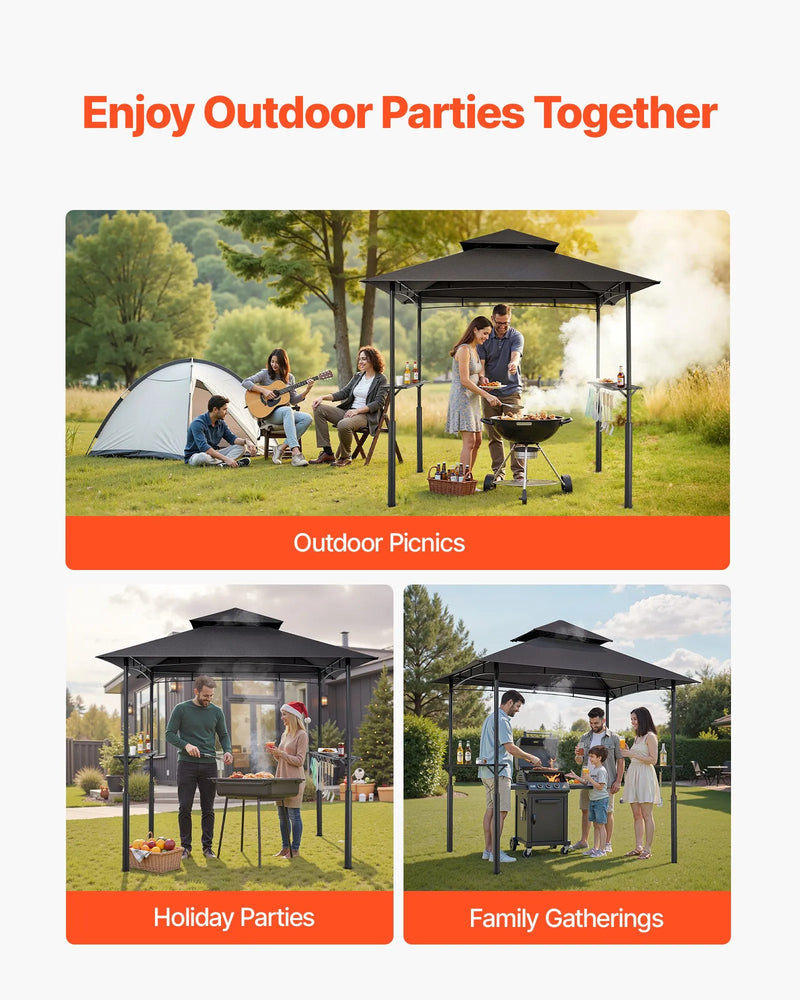 Grila nojume, 2,43 × 1,5 m pastiprināta āra BBQ nojume ar divslāņu jumtu, pulverkrāsota tērauda konstrukcija ar 2 sānu plauktiem un 8 āķiem, grila nojume terasei, pagalmam vai dārzam