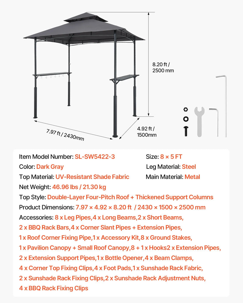 Grila nojume, 2,43 × 1,5 m pastiprināta āra BBQ nojume ar divslāņu jumtu, pulverkrāsota tērauda konstrukcija ar 2 sānu plauktiem un 8 āķiem, grila nojume terasei, pagalmam vai dārzam