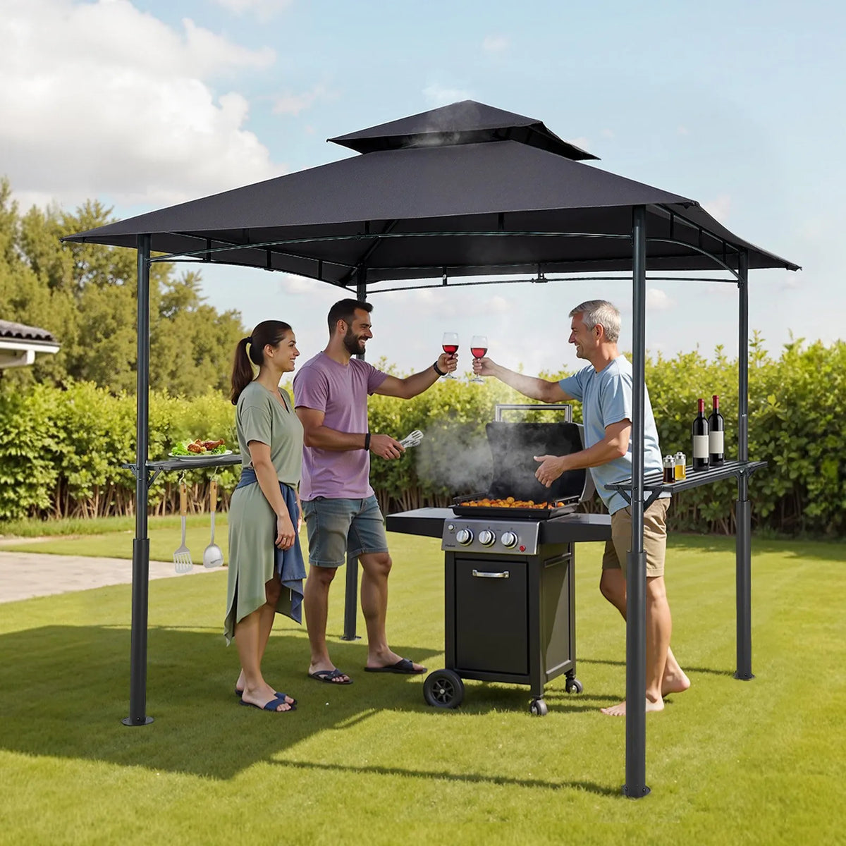 Grila nojume, 2,43 × 1,5 m pastiprināta āra BBQ nojume ar divslāņu jumtu, pulverkrāsota tērauda konstrukcija ar 2 sānu plauktiem un 8 āķiem, grila nojume terasei, pagalmam vai dārzam