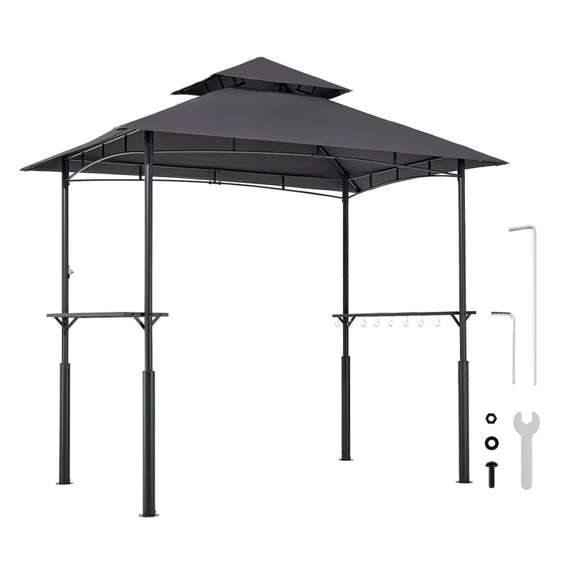 Grila nojume, 2,43 × 1,5 m pastiprināta āra BBQ nojume ar divslāņu jumtu, pulverkrāsota tērauda konstrukcija ar 2 sānu plauktiem un 8 āķiem, grila nojume terasei, pagalmam vai dārzam