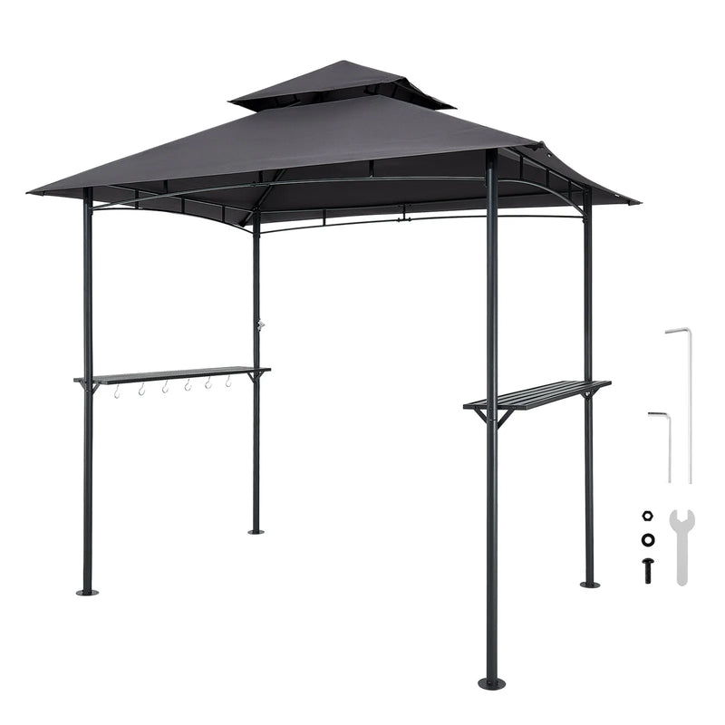 Grila nojume, 2,43 × 1,5 m āra BBQ nojume ar divslāņu jumtu, pulverkrāsota tērauda terases nojume ar 2 sānu plauktiem un 8 āķiem, grilēšanas nojume terasei, pagalmam, dārzam vai piknikam