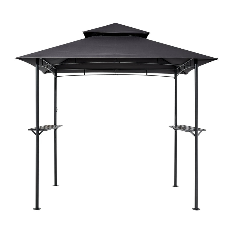 Grila nojume, 2,43 × 1,5 m āra BBQ nojume ar divslāņu jumtu, pulverkrāsota tērauda terases nojume ar 2 sānu plauktiem un 8 āķiem, grilēšanas nojume terasei, pagalmam, dārzam vai piknikam
