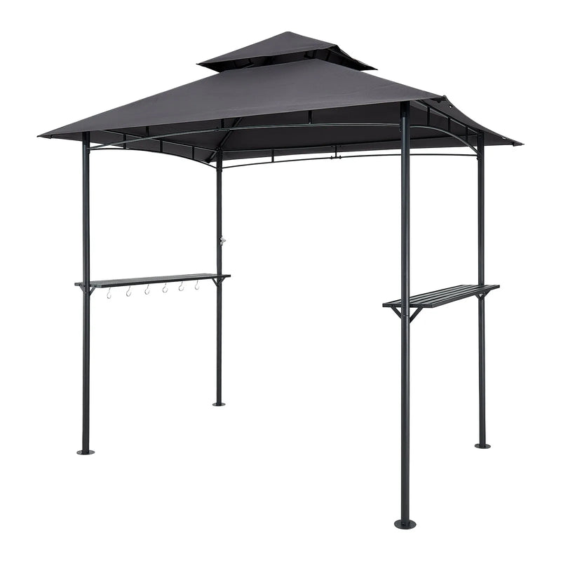 Grila nojume, 2,43 × 1,5 m āra BBQ nojume ar divslāņu jumtu, pulverkrāsota tērauda terases nojume ar 2 sānu plauktiem un 8 āķiem, grilēšanas nojume terasei, pagalmam, dārzam vai piknikam