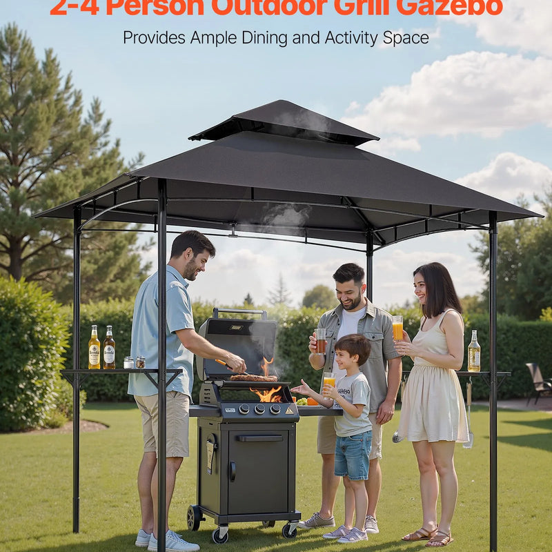 Grila nojume, 2,43 × 1,5 m āra BBQ nojume ar divslāņu jumtu, pulverkrāsota tērauda terases nojume ar 2 sānu plauktiem un 8 āķiem, grilēšanas nojume terasei, pagalmam, dārzam vai piknikam