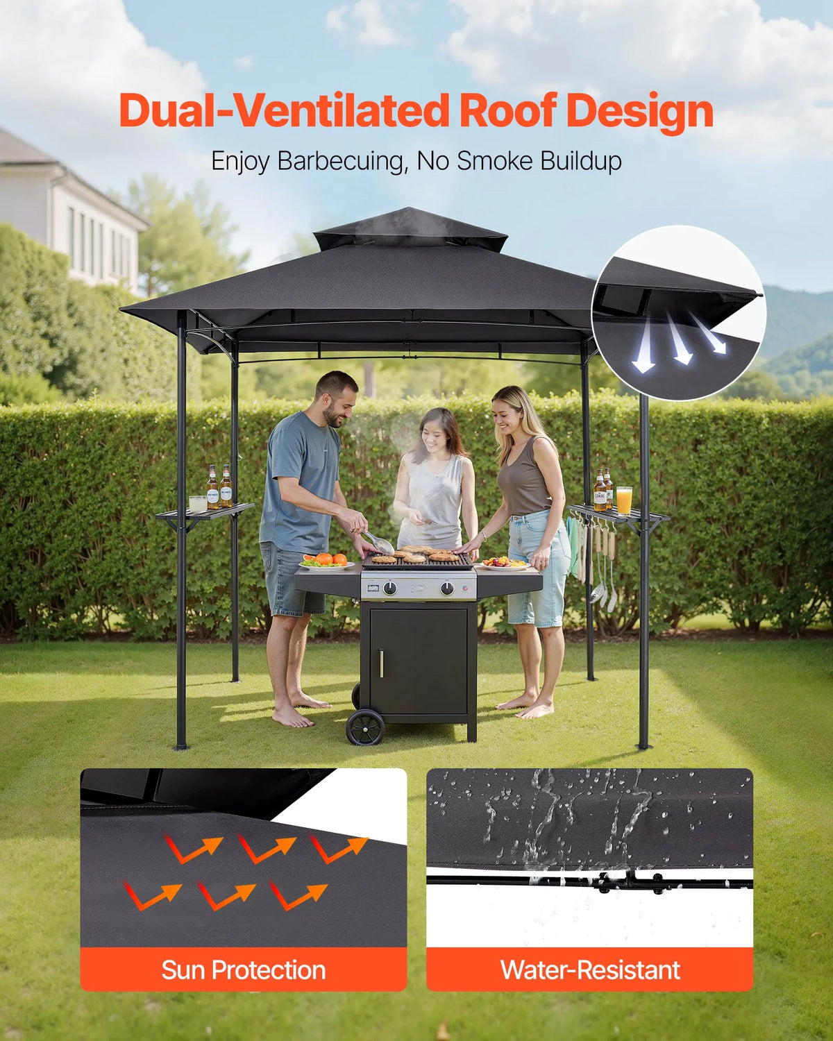 Grill Canopy, 2.43 × 1.5 m Outdoor BBQ Canopy with Double-Layer Roof, Powder-Coated Steel Patio Canopy with 2 Side Shelves and 8 Hooks, Grilling Canopy for Terrace, Yard, Garden or Picnic