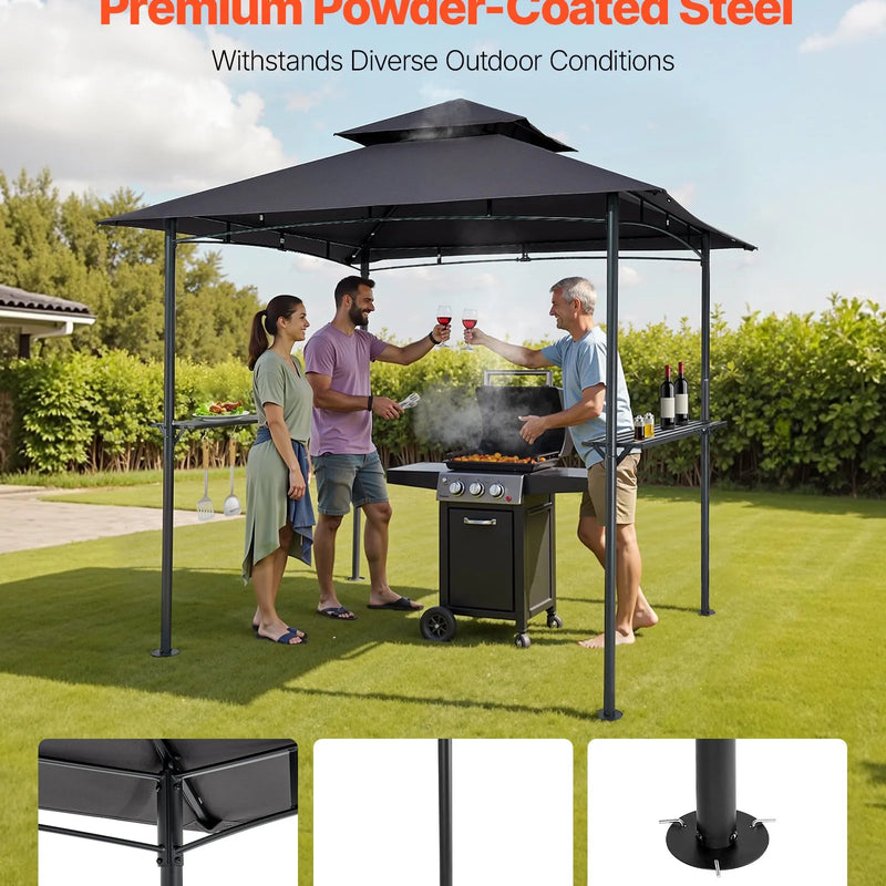 Grila nojume, 2,43 × 1,5 m āra BBQ nojume ar divslāņu jumtu, pulverkrāsota tērauda terases nojume ar 2 sānu plauktiem un 8 āķiem, grilēšanas nojume terasei, pagalmam, dārzam vai piknikam