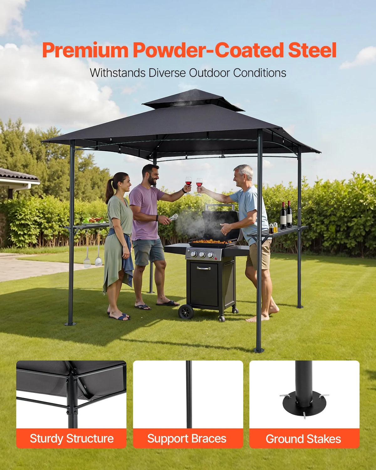 Grill Canopy, 2.43 × 1.5 m Outdoor BBQ Canopy with Double-Layer Roof, Powder-Coated Steel Patio Canopy with 2 Side Shelves and 8 Hooks, Grilling Canopy for Terrace, Yard, Garden or Picnic