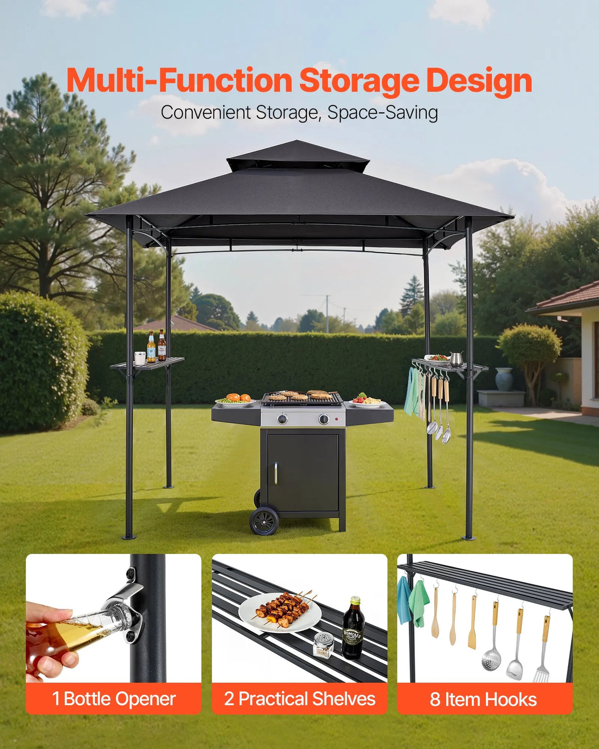 Grill Canopy, 2.43 × 1.5 m Outdoor BBQ Canopy with Double-Layer Roof, Powder-Coated Steel Patio Canopy with 2 Side Shelves and 8 Hooks, Grilling Canopy for Terrace, Yard, Garden or Picnic