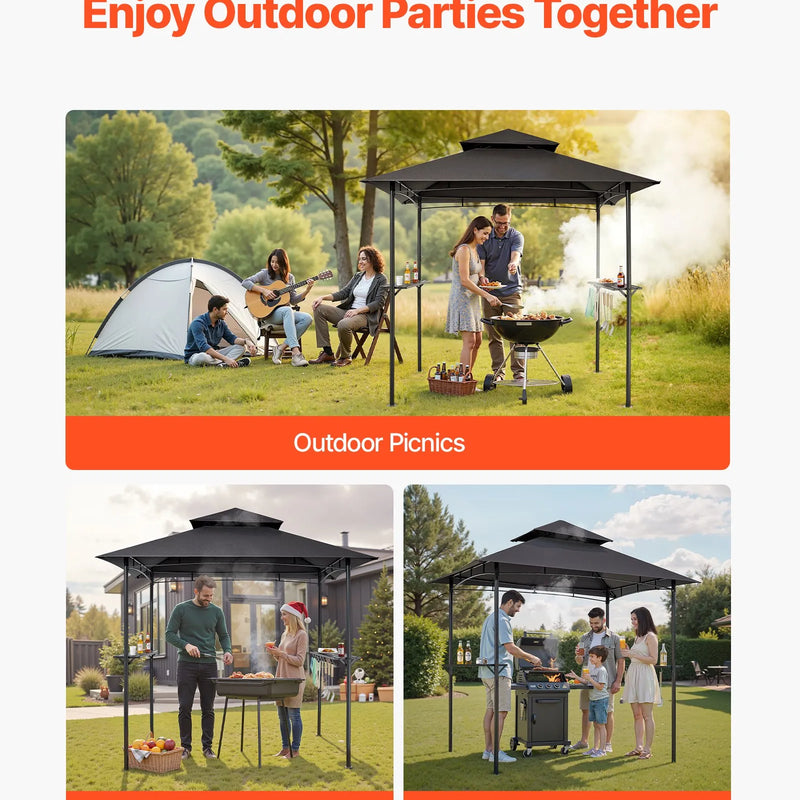 Grila nojume, 2,43 × 1,5 m āra BBQ nojume ar divslāņu jumtu, pulverkrāsota tērauda terases nojume ar 2 sānu plauktiem un 8 āķiem, grilēšanas nojume terasei, pagalmam, dārzam vai piknikam