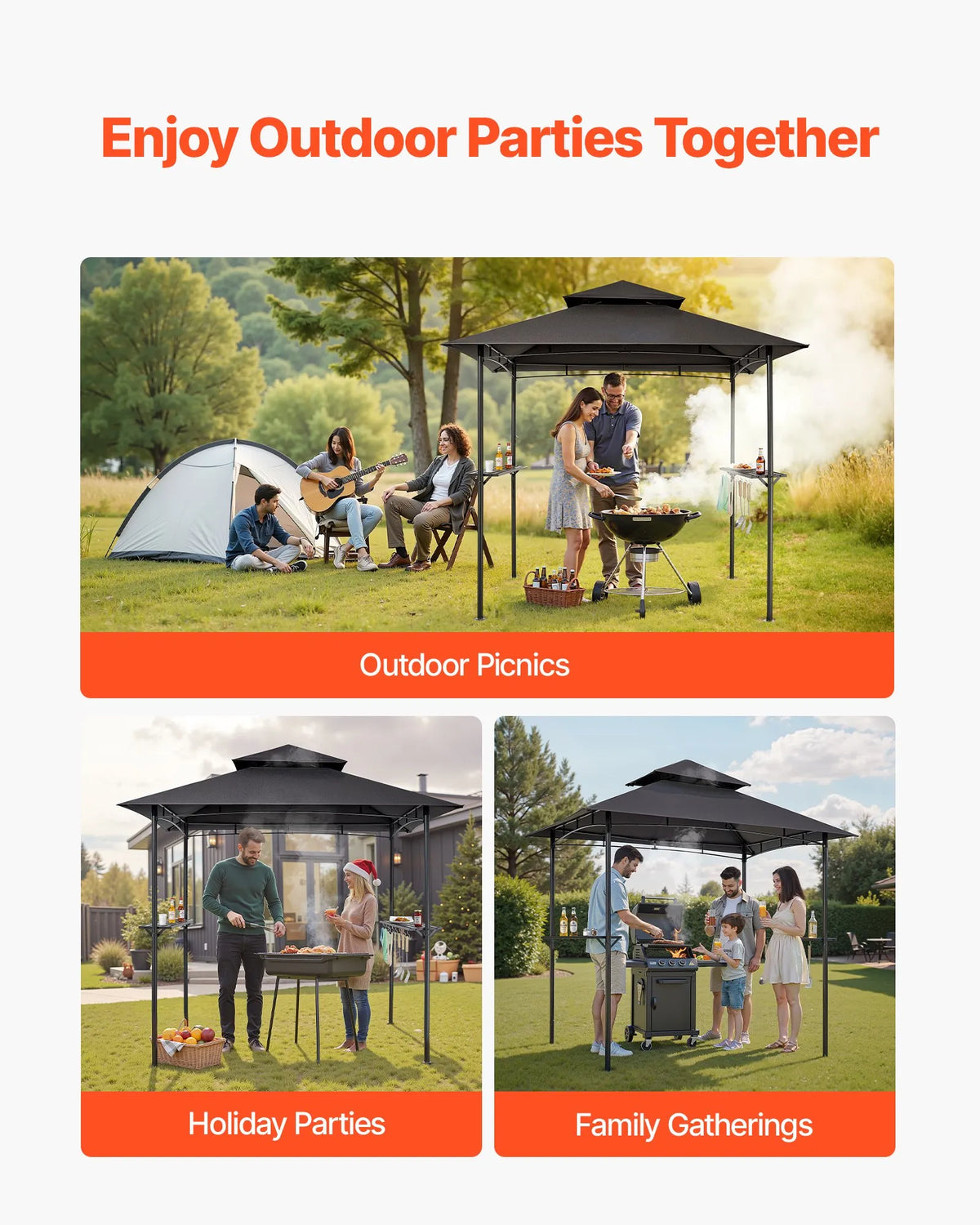 Grill Canopy, 2.43 × 1.5 m Outdoor BBQ Canopy with Double-Layer Roof, Powder-Coated Steel Patio Canopy with 2 Side Shelves and 8 Hooks, Grilling Canopy for Terrace, Yard, Garden or Picnic