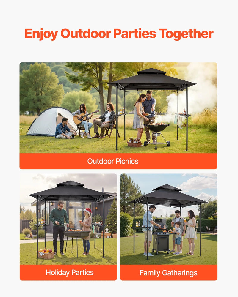 Grila nojume, 2,43 × 1,5 m āra BBQ nojume ar divslāņu jumtu, pulverkrāsota tērauda terases nojume ar 2 sānu plauktiem un 8 āķiem, grilēšanas nojume terasei, pagalmam, dārzam vai piknikam