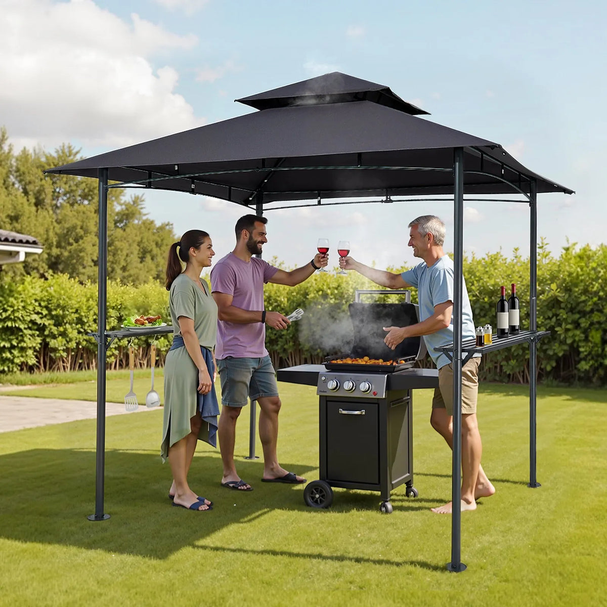 Grill Canopy, 2.43 × 1.5 m Outdoor BBQ Canopy with Double-Layer Roof, Powder-Coated Steel Patio Canopy with 2 Side Shelves and 8 Hooks, Grilling Canopy for Terrace, Yard, Garden or Picnic