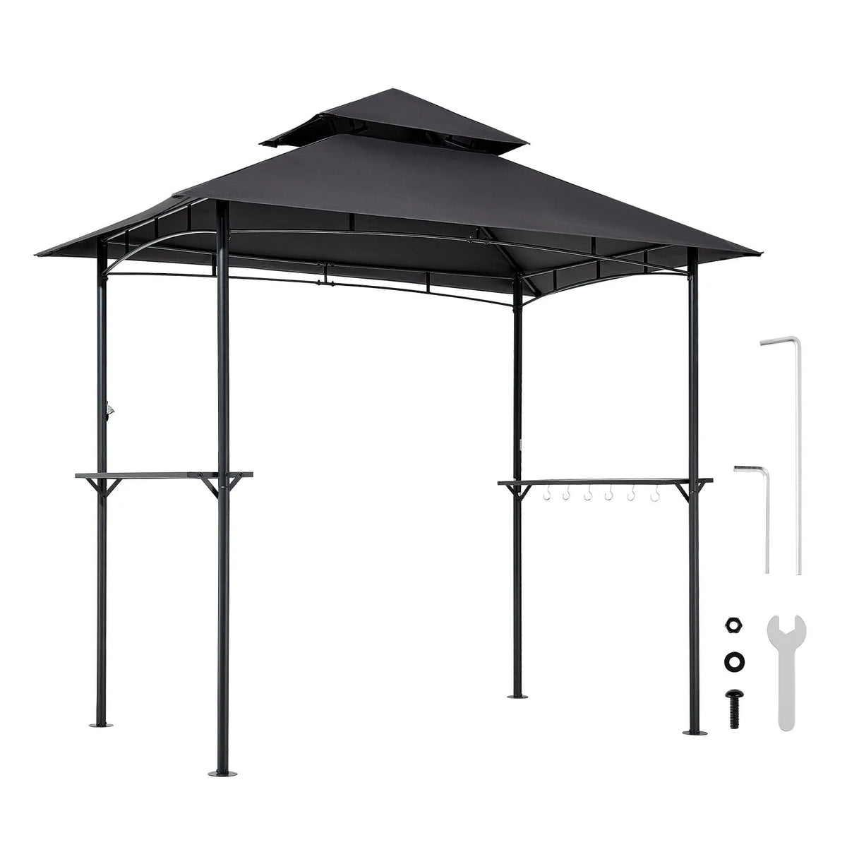 Grill Canopy, 2.43 × 1.5 m Outdoor BBQ Canopy with Double-Layer Roof, Powder-Coated Steel Patio Canopy with 2 Side Shelves and 8 Hooks, Grilling Canopy for Terrace, Yard, Garden or Picnic