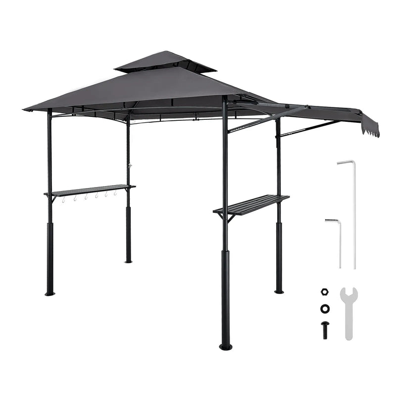 Grila nojume, 2,43 × 1,5 m ar divkāršu jumtu, pastiprināta BBQ nojume ar papildu markīzi, pulverkrāsota tērauda patia grila patversme ar 2 sānu plauktiem un āķiem, āra grilēšanas nojume dārzam