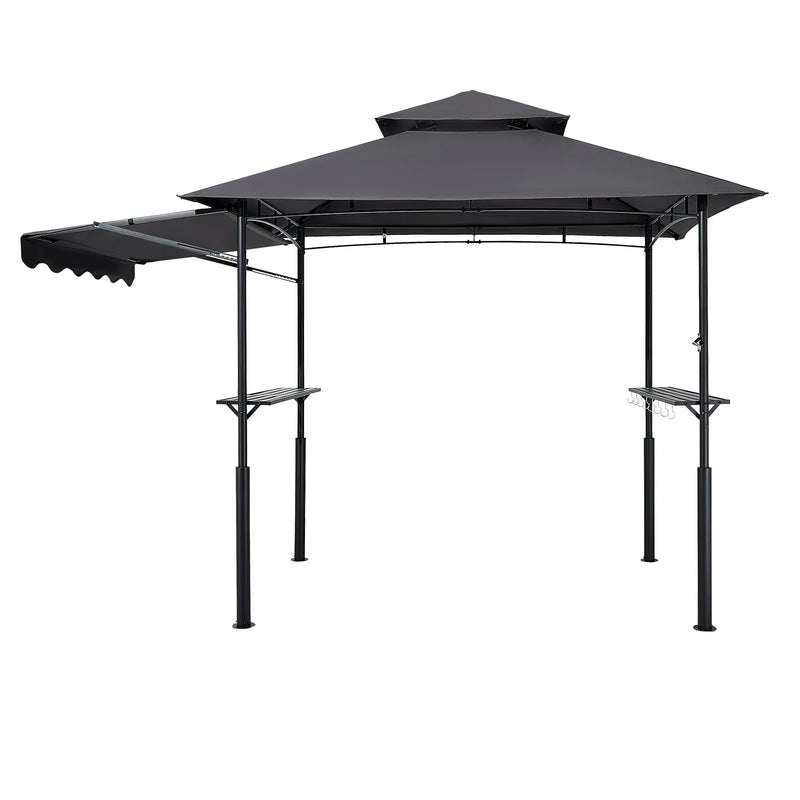 Grila nojume, 2,43 × 1,5 m ar divkāršu jumtu, pastiprināta BBQ nojume ar papildu markīzi, pulverkrāsota tērauda patia grila patversme ar 2 sānu plauktiem un āķiem, āra grilēšanas nojume dārzam