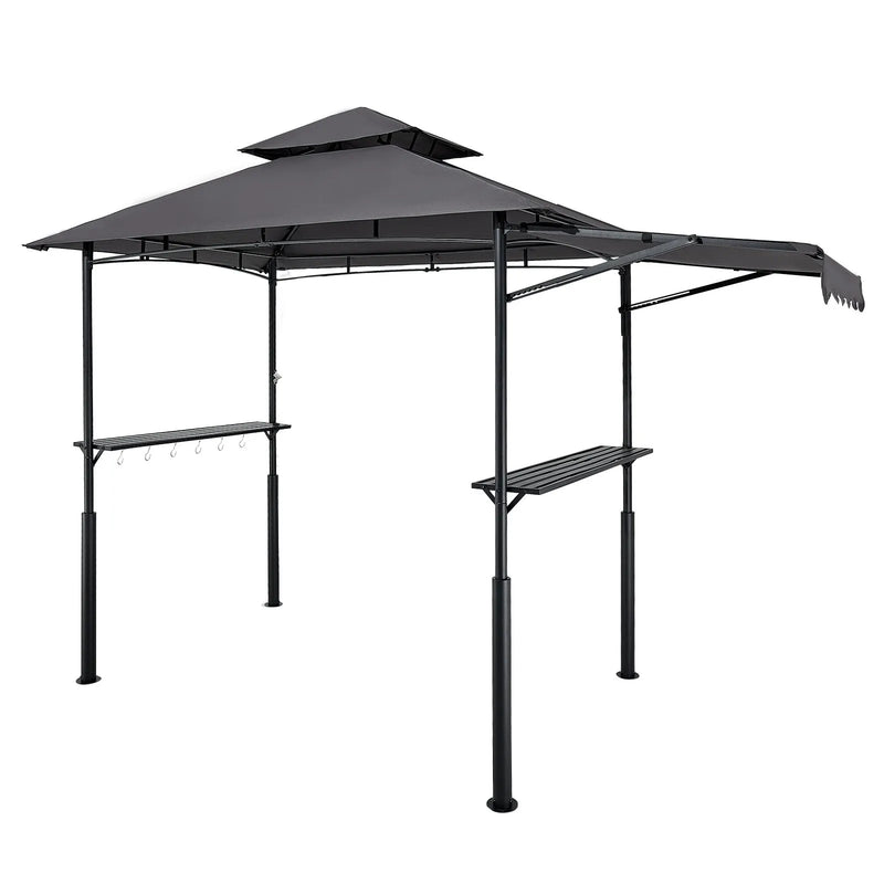 Grila nojume, 2,43 × 1,5 m ar divkāršu jumtu, pastiprināta BBQ nojume ar papildu markīzi, pulverkrāsota tērauda patia grila patversme ar 2 sānu plauktiem un āķiem, āra grilēšanas nojume dārzam