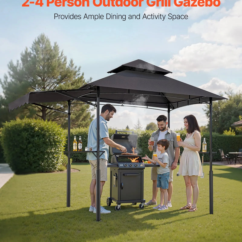 Grila nojume, 2,43 × 1,5 m ar divkāršu jumtu, pastiprināta BBQ nojume ar papildu markīzi, pulverkrāsota tērauda patia grila patversme ar 2 sānu plauktiem un āķiem, āra grilēšanas nojume dārzam