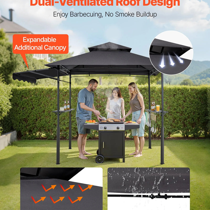 Grila nojume, 2,43 × 1,5 m ar divkāršu jumtu, pastiprināta BBQ nojume ar papildu markīzi, pulverkrāsota tērauda patia grila patversme ar 2 sānu plauktiem un āķiem, āra grilēšanas nojume dārzam