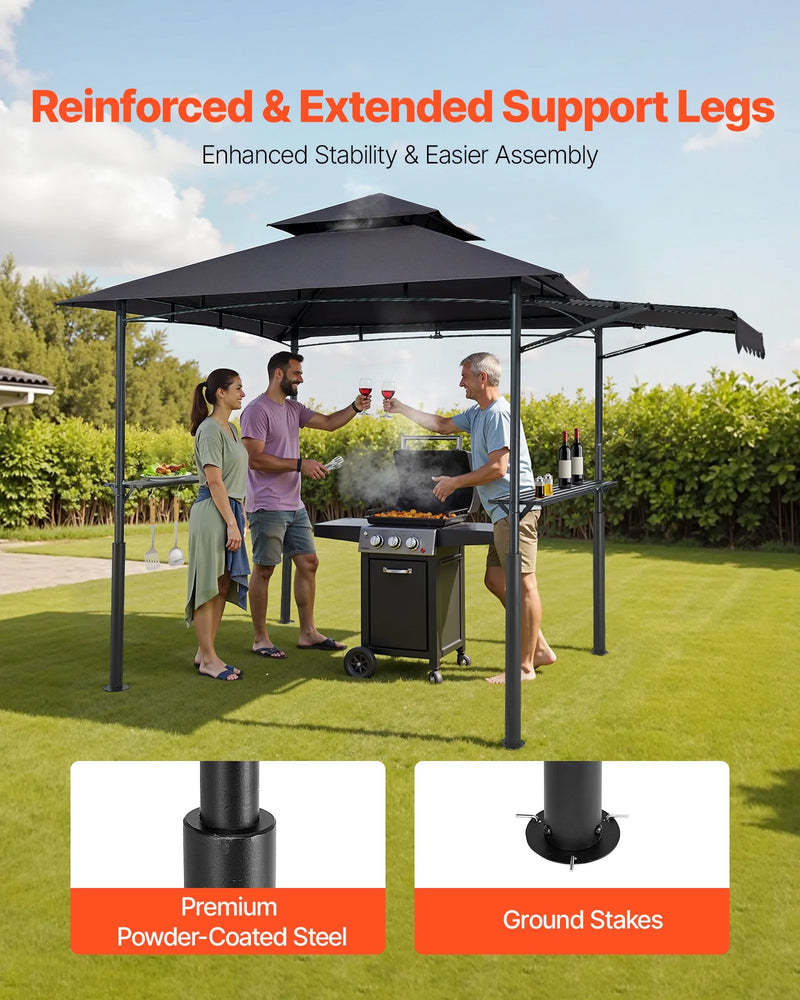 Grila nojume, 2,43 × 1,5 m ar divkāršu jumtu, pastiprināta BBQ nojume ar papildu markīzi, pulverkrāsota tērauda patia grila patversme ar 2 sānu plauktiem un āķiem, āra grilēšanas nojume dārzam