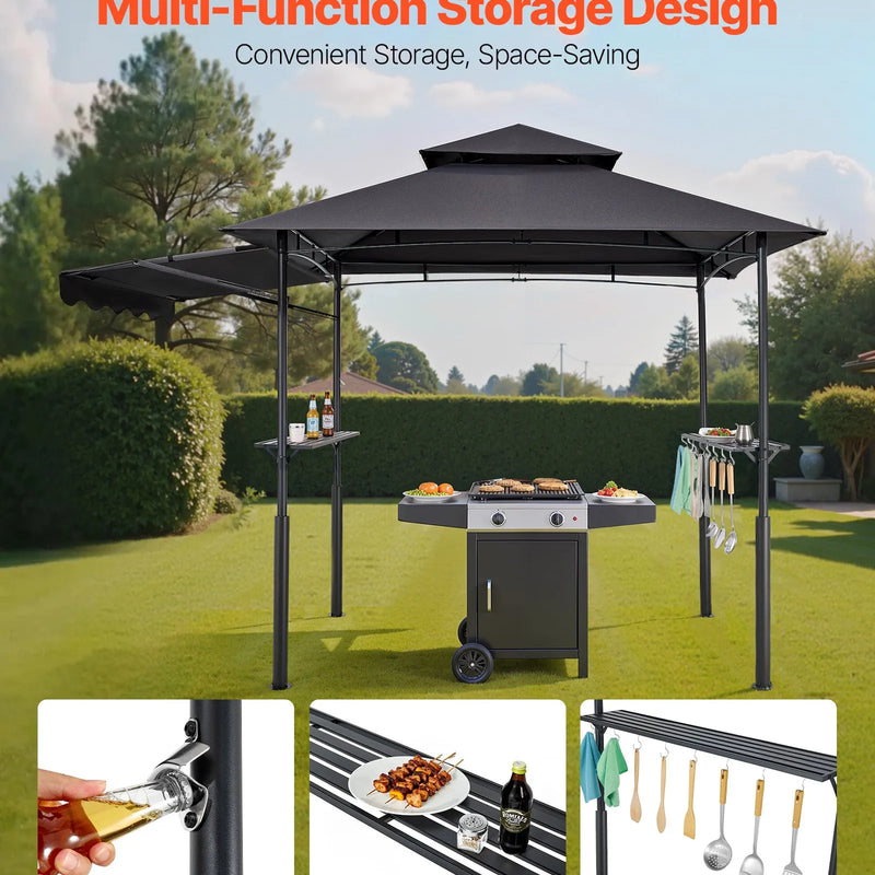 Grila nojume, 2,43 × 1,5 m ar divkāršu jumtu, pastiprināta BBQ nojume ar papildu markīzi, pulverkrāsota tērauda patia grila patversme ar 2 sānu plauktiem un āķiem, āra grilēšanas nojume dārzam