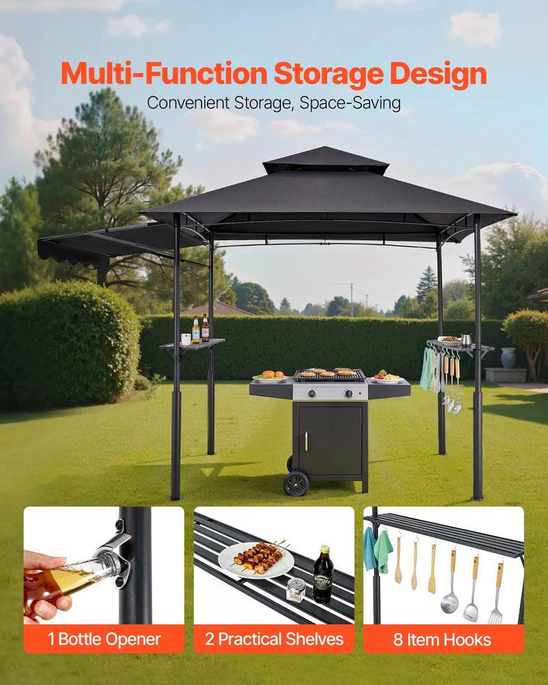 Grila nojume, 2,43 × 1,5 m ar divkāršu jumtu, pastiprināta BBQ nojume ar papildu markīzi, pulverkrāsota tērauda patia grila patversme ar 2 sānu plauktiem un āķiem, āra grilēšanas nojume dārzam