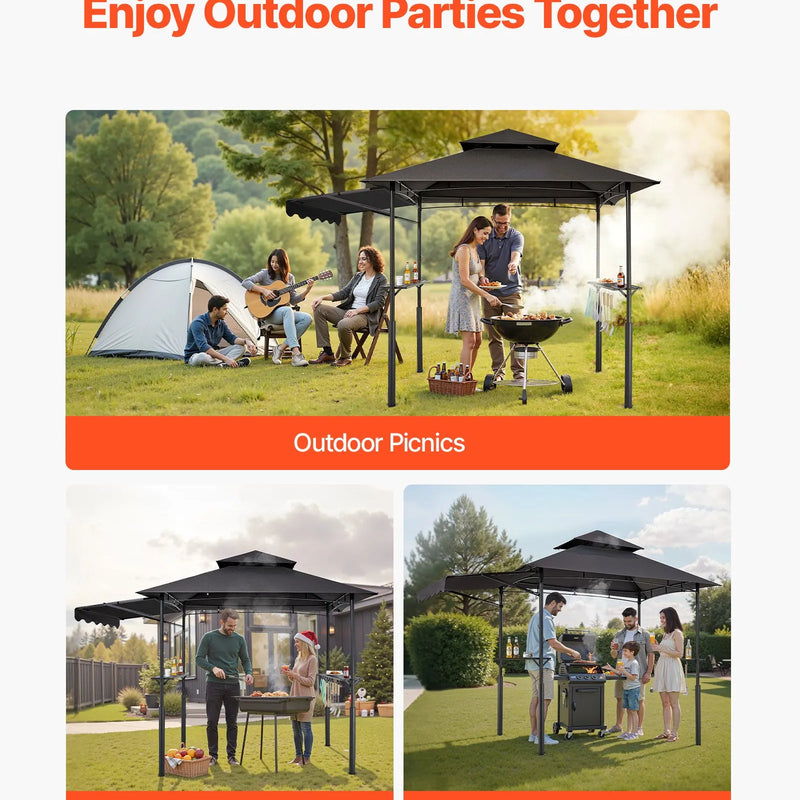 Grila nojume, 2,43 × 1,5 m ar divkāršu jumtu, pastiprināta BBQ nojume ar papildu markīzi, pulverkrāsota tērauda patia grila patversme ar 2 sānu plauktiem un āķiem, āra grilēšanas nojume dārzam