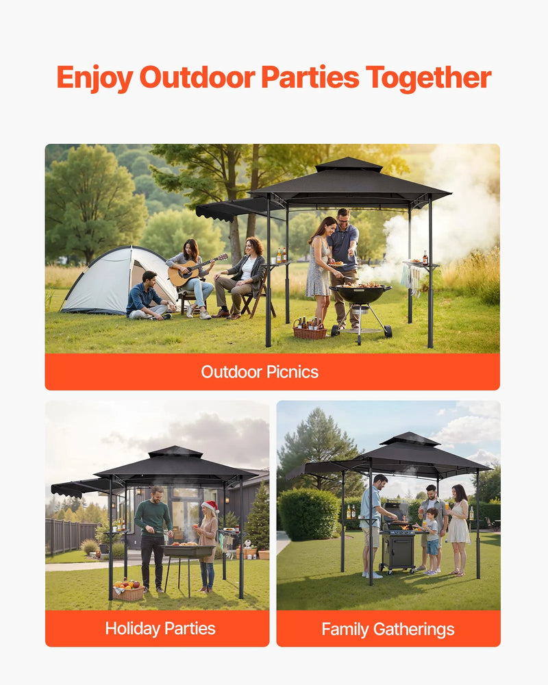Grila nojume, 2,43 × 1,5 m ar divkāršu jumtu, pastiprināta BBQ nojume ar papildu markīzi, pulverkrāsota tērauda patia grila patversme ar 2 sānu plauktiem un āķiem, āra grilēšanas nojume dārzam