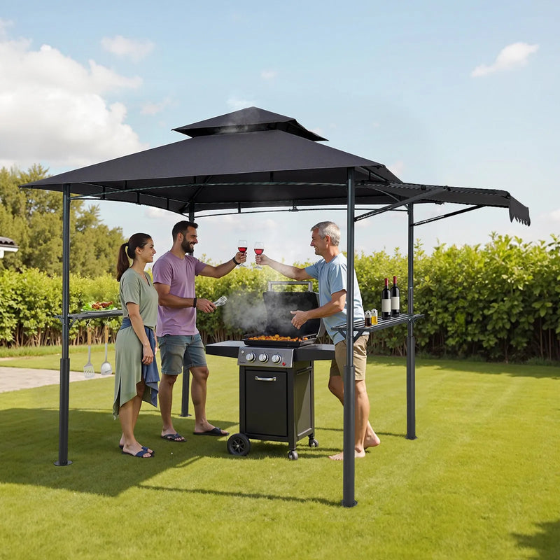 Grila nojume, 2,43 × 1,5 m ar divkāršu jumtu, pastiprināta BBQ nojume ar papildu markīzi, pulverkrāsota tērauda patia grila patversme ar 2 sānu plauktiem un āķiem, āra grilēšanas nojume dārzam