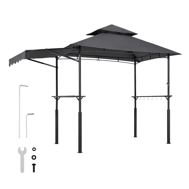 Grila nojume, 2,43 × 1,5 m ar divkāršu jumtu, pastiprināta BBQ nojume ar papildu markīzi, pulverkrāsota tērauda patia grila patversme ar 2 sānu plauktiem un āķiem, āra grilēšanas nojume dārzam