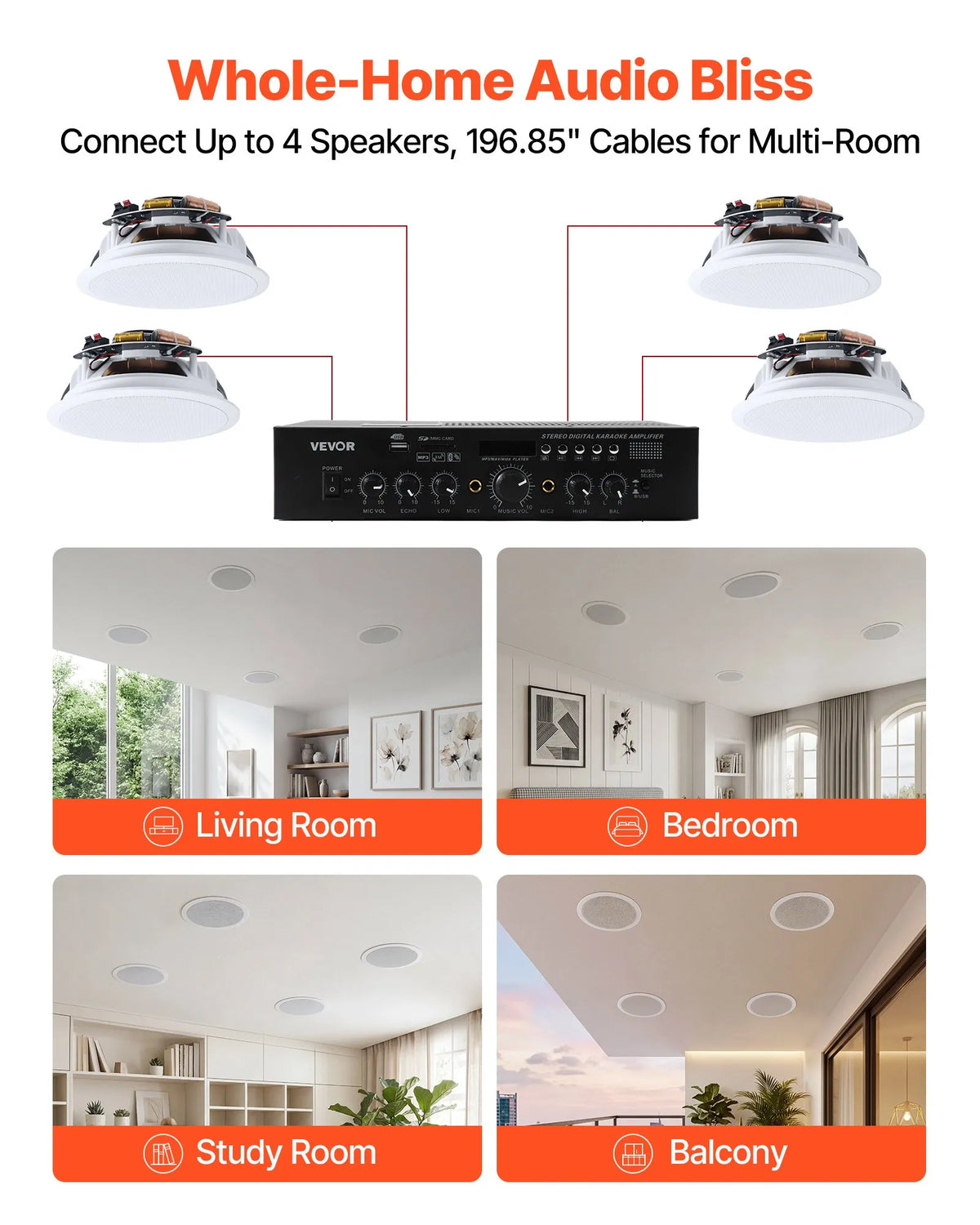 VEVOR Bluetooth Ceiling and Wall Speaker System 16.5 cm, 4 Speakers, 2-Way, with Amplifier