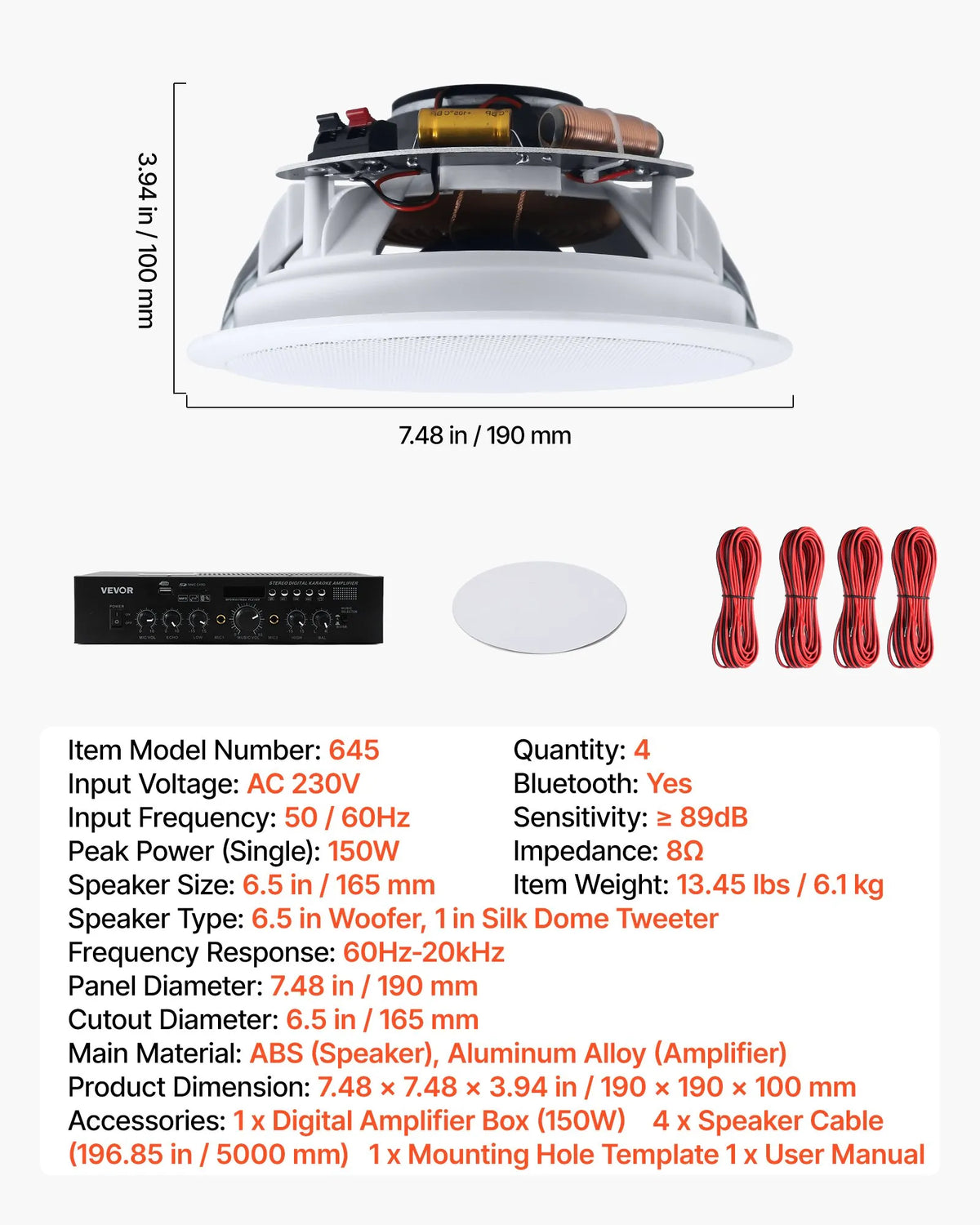 VEVOR Bluetooth Ceiling and Wall Speaker System 16.5 cm, 4 Speakers, 2-Way, with Amplifier