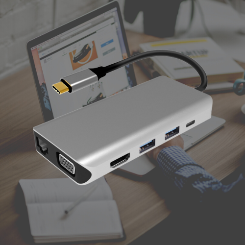 A multifunctional USB-C adapter, connects the source device equipped with a USB-C interface compatible with other devices equipped with HDMI, RJ45, USB 3.0-A, SD / TF card reader and power supply from USB-C port.