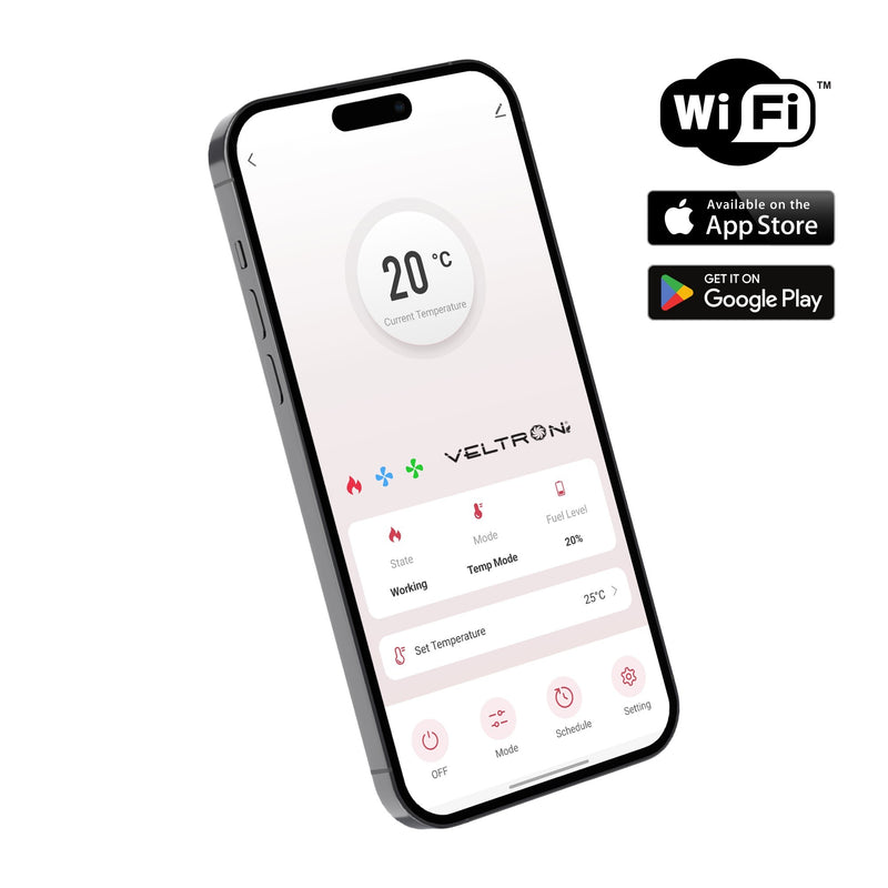 Veltron DHOE-90 infrasarkanais dīzeļsildītājs ar Wi-Fi, 10,4 kW, mobils sildītājs ar LCD skārienekrānu, tālvadību un degvielas līmeņa kontroli